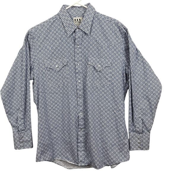 Ely Cattlemen Men's Western Shirt Pearl Snap Button Up Blue White Size L Cowboy - Picture 1 of 9